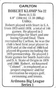1981 Ardmona Big League Series 1 Carlton Blues (VFL) #NNO Robert Klomp Back